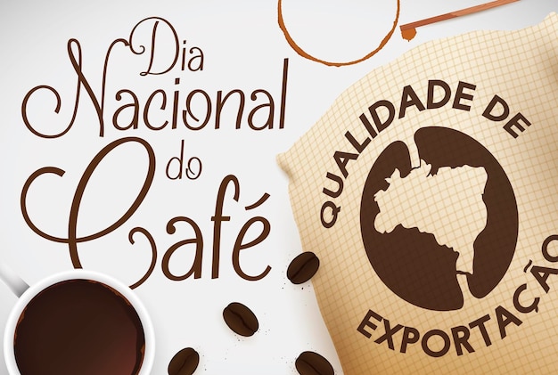 Вектор Кофейная чашка и пакетик к национальному дню кофе на португальском языке
