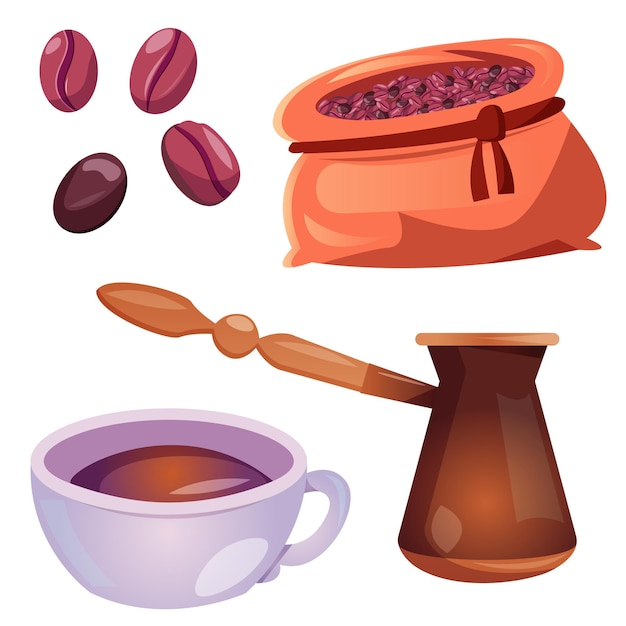 Вектор Кофейная чашка в зернах мешок кофейных зерен турецкий кофейник мультфильм иллюстрации для кофейни