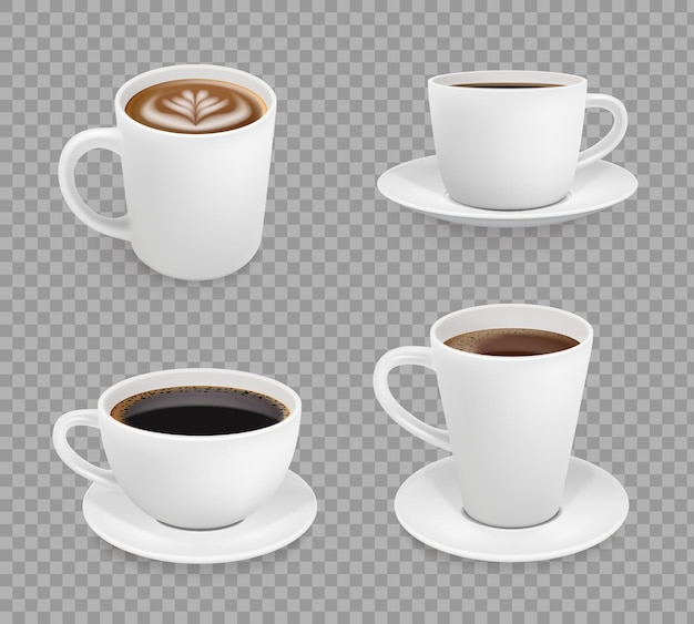 Coffee cup. Breakfast hot drinks espresso cappuccino with foam cup vector realistic. Illustration breakfast drink, caffeine black, foam cappuccino