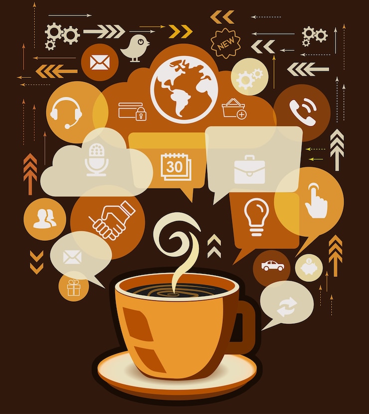Vector coffee cup and business icons with bubble speech