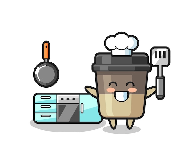coffee cup character illustration as a chef is cooking , cute style design for t shirt, sticker, logo element