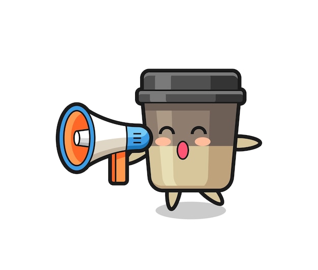 Illustrazione del personaggio della tazza di caffè che tiene un megafono, design in stile carino per maglietta, adesivo, elemento logo