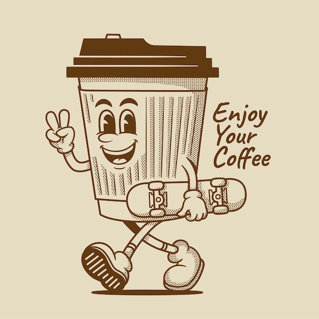 Vector coffee cup character retro cartoon mascot character