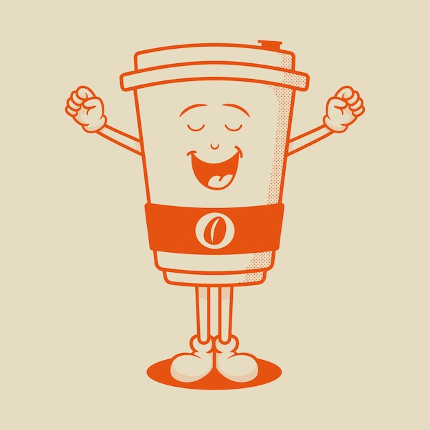 Vector coffee cup character, retro mascot character