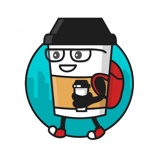 Coffee cup character with coffee paper cup walking. logo template , badge for coffee street shop