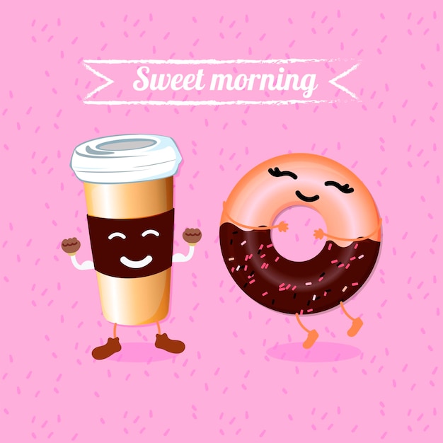 Coffee cup and chocolate donut. funny characters in doddle stile. perfect for printing on menu, t-shirts, banners, posters. vector illustration