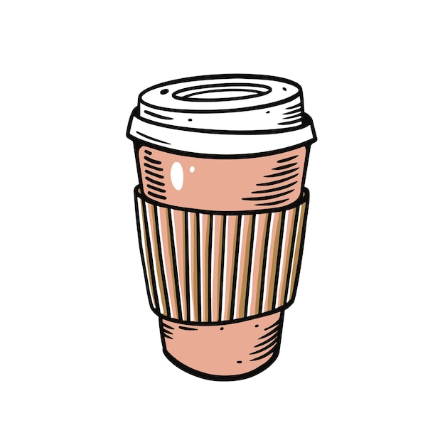 コーヒーカップ、コーヒーをお持ち帰り。手描きのカラフルな漫画スタイルのベクトル イラスト。