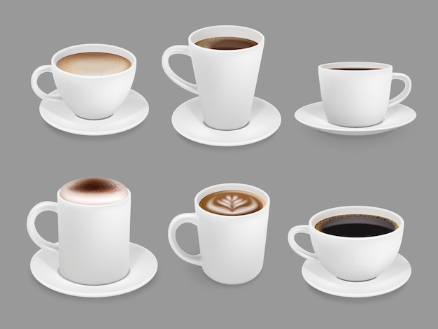 Coffee cup collection. hot drinks with foam and steam smelling beverage top view cup with liquids coffee espresso and cappuccino vector