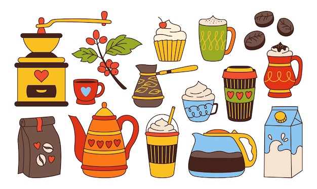 Tazza di caffè bevanda fagioli cezve pentola doodle set colazione cappuccino espresso tazza muffin bollitore latte