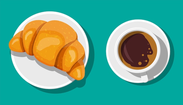 Vettore tazza di caffè e croissant francese. bevanda calda al caffè. concetto per bar, ristorante, menu, dessert, panetteria. colazione vista dall'alto. illustrazione vettoriale in stile piatto