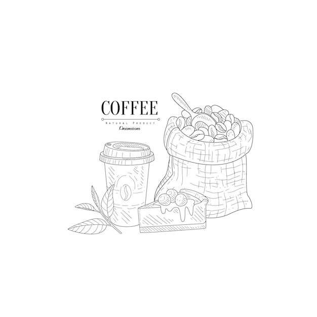 Tazza di caffè per andare cheesecake e borsa con schizzo realistico disegnato a mano di fagioli