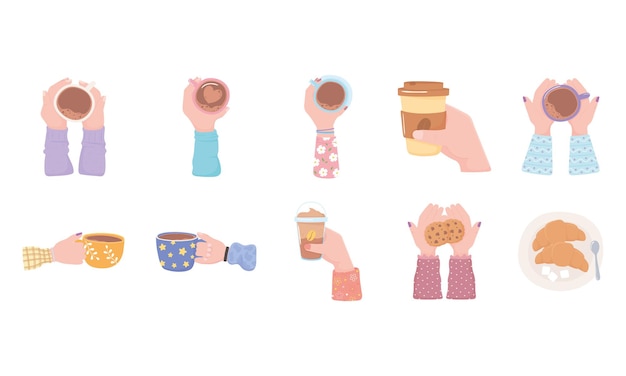 Vector coffee cup in hands, fresh hot beverage cookies croissant breakfast icons set illustration