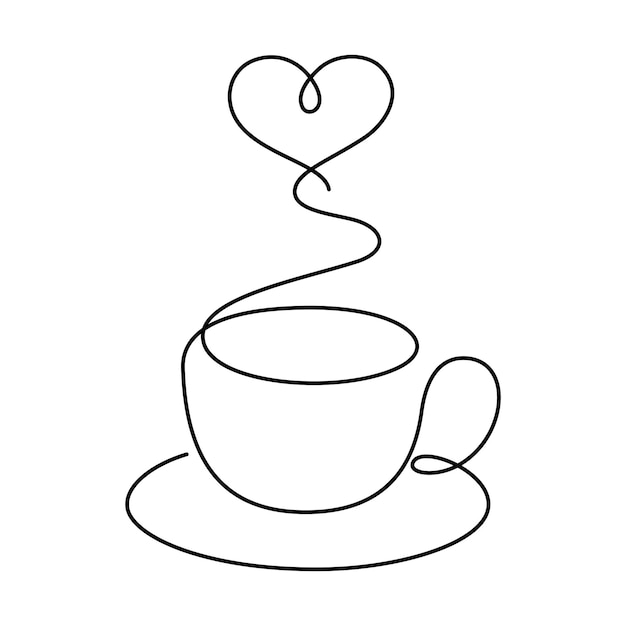 Vettore tazza di caffè e forma di cuore vapore linea sottile illustrazione disegno continuo