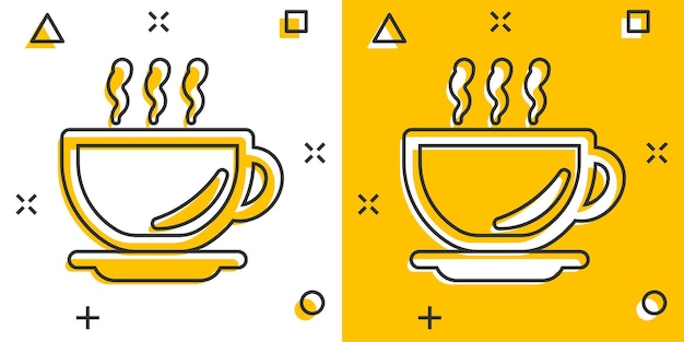 コミック スタイルのコーヒー カップ アイコン ホット ティー漫画ベクトル イラスト分離白地ドリンク マグカップ スプラッシュ効果ビジネス コンセプト