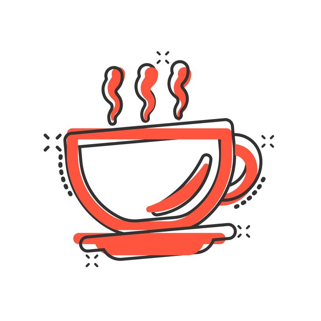 コミック スタイルのコーヒー カップ アイコン ホット ティー漫画ベクトル イラスト分離白地ドリンク マグカップ スプラッシュ効果ビジネス コンセプト