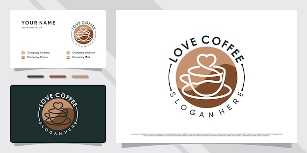 Иллюстрация дизайна логотипа кофейной чашки для любителей кофе с элементом сердца и шаблоном визитной карточки