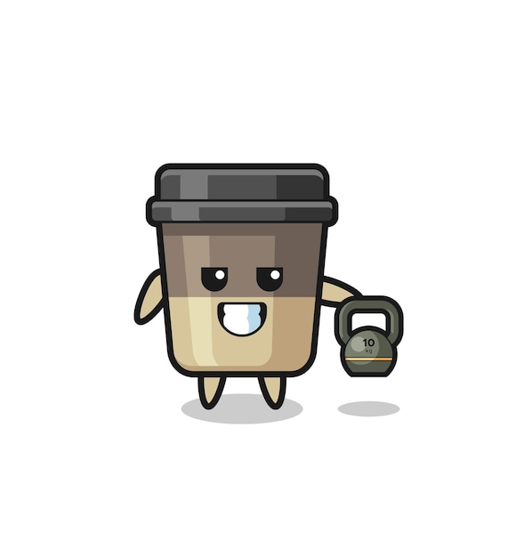 Coffee cup mascot lifting kettlebell in the gym