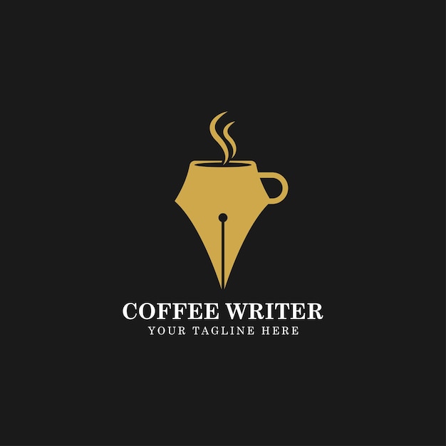 Coffee cup and pen writer cafe vector logo design