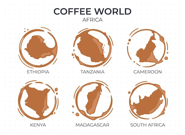 Macchie rotonde della tazza di caffè a forma di produttori ed esportatori di paesi di origine del caffè dall'africa