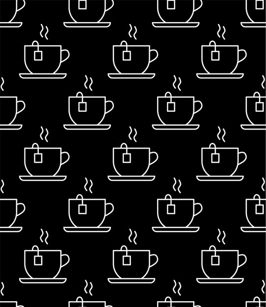 Coffee cup seamless pattern. sketch tea and coffee cups, hot drinks various mugs black outline, cafeteria wallpaper engraving vector texture. takeaway paper cups, design for coffee house esp