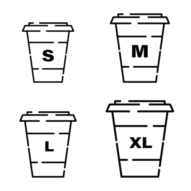 Диапазон размеров кофейных чашек. Бумажные кофейные стаканчики размеров s, m, l и xl. Концепция кофейни