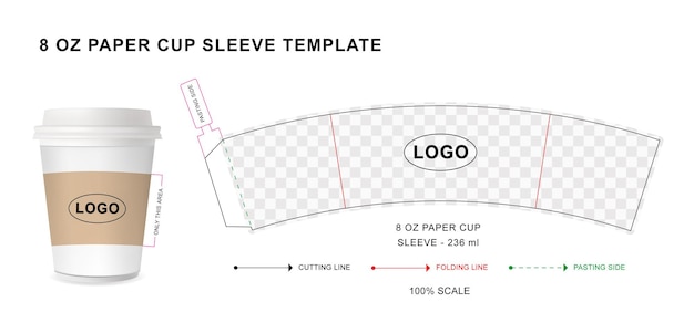 Vector coffee cup sleeve die cut template for 8 oz