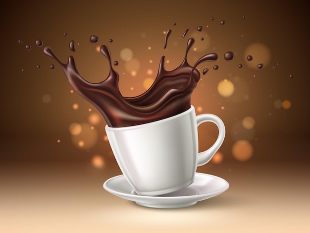 Vettore spruzzata della tazza di caffè. piattino in porcellana realistico e tazza da caffè espresso, flusso di bevanda calda nera con gocce, bevanda versata. poster pubblicitario promozionale, modello di banner pubblicitario, concetto isolato vettoriale