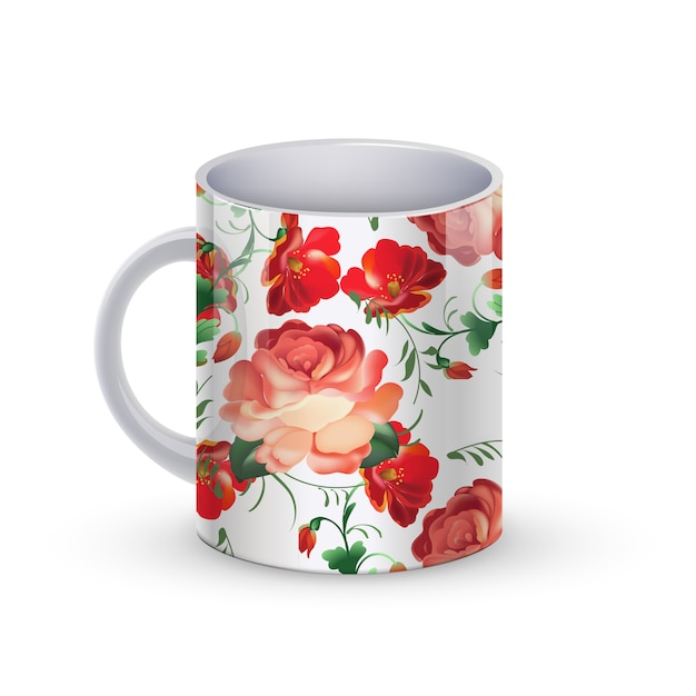 Coffee cup template illustration with flower russian traditional pattern. 