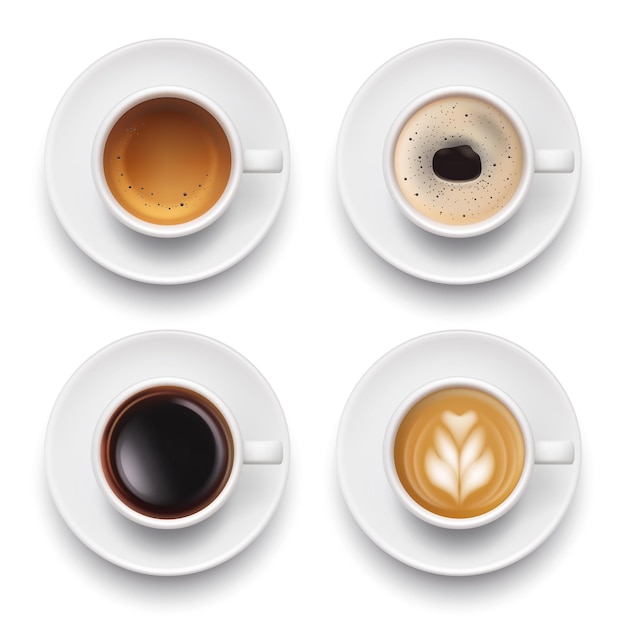 Кофейная чашка, вид сверху, горячие вкусные напитки с кофейной пеной, капучино, эспрессо, американо, приличные векторные чашки, реалистичная коллекция, изолированные