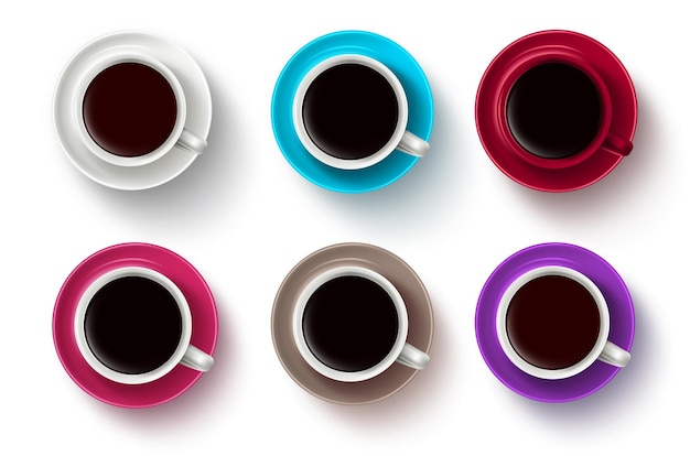 Coffee cup vector set coffee cups with saucers in 3d realistic various colors in top view