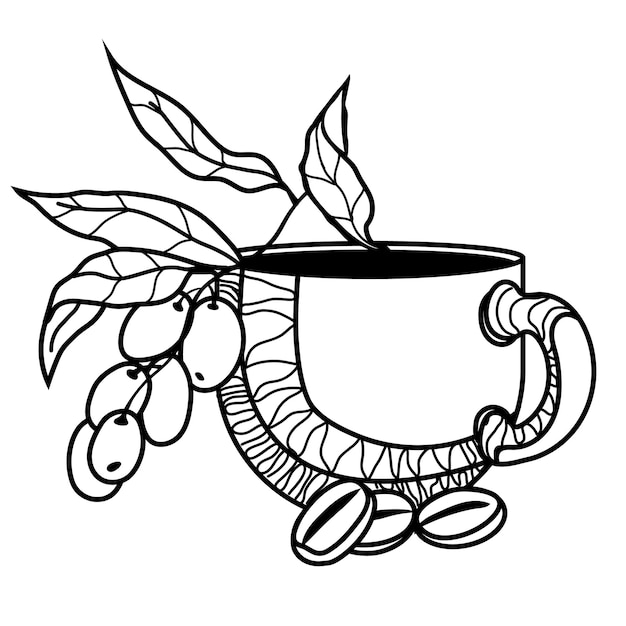 エンブレムやロゴデザインの黒い線のグラフィックで豆とコーヒーカップ
