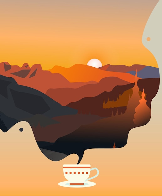 Tazza di caffè con bel tramonto in un paesaggio con montagne forestali e cielo soleggiato vecto modificabile
