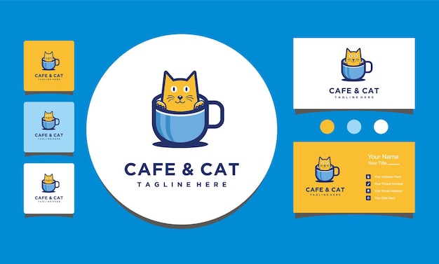 猫カフェのロゴのデザインベクトルとコーヒーカップ