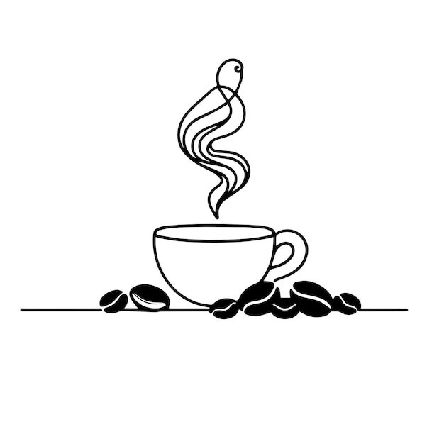 Кофейная чашка с кофейными бобами Черно-белая векторная иллюстрация.