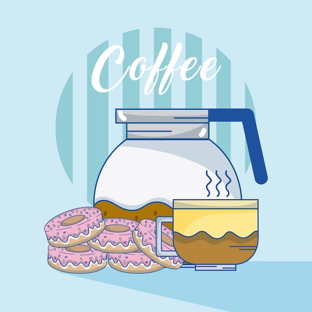 Vector coffee cup with kettle and donuts