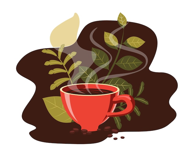 Vector coffee cup with leaves and coffee beans