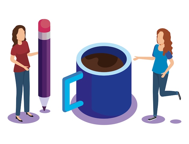 coffee cup with people isometric vector illustration design