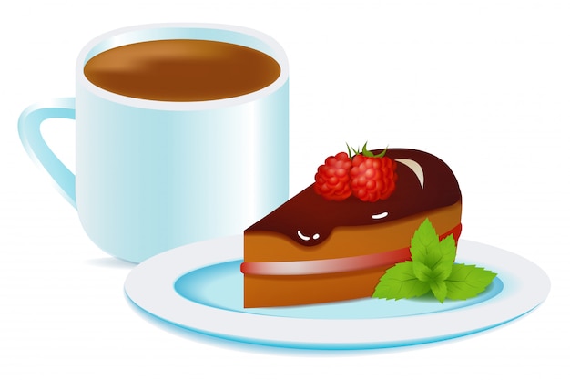 Coffee Cup with Raspberry Cake and Mint