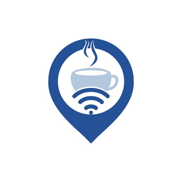 Vettore tazza di caffè con wifi e logo dell'icona vettoriale del puntatore pin