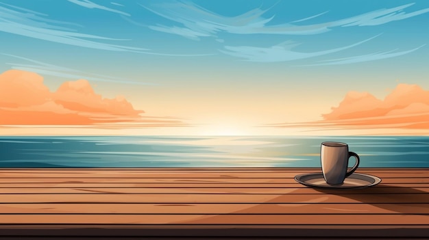 Vector coffee cup on a wooden platform with the sunset and the ocean