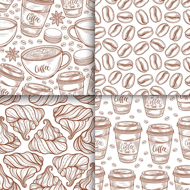 コーヒーカップ豆マグマカロンシームレスパターンセットベクトル背景手描き線で描画