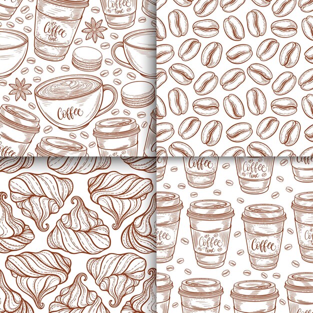 Vector coffee cups beans mugs macaroons seamless pattern set vector background hand drawn in lines