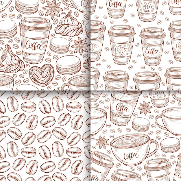 コーヒーカップ豆マグマカロンシームレスパターンセットベクトル背景手描き線で描画