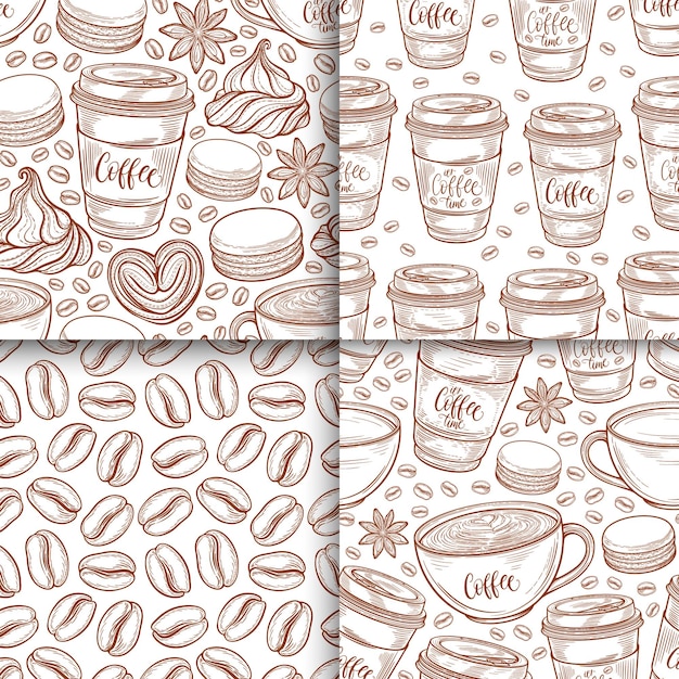 Vector coffee cups beans mugs macaroons seamless pattern set vector background hand drawn in lines