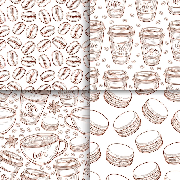 Vector coffee cups beans mugs macaroons seamless pattern set vector background hand drawn in lines