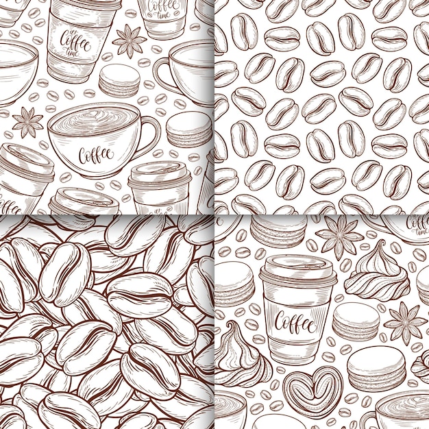 Coffee cups beans mugs macaroons seamless pattern set Vector background hand drawn in lines