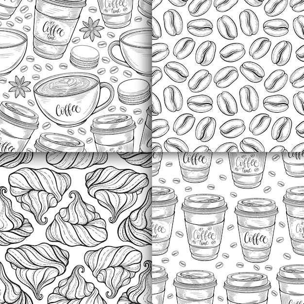 コーヒーカップ豆マグマカロンシームレスパターンセットベクトル背景手描き線で描画