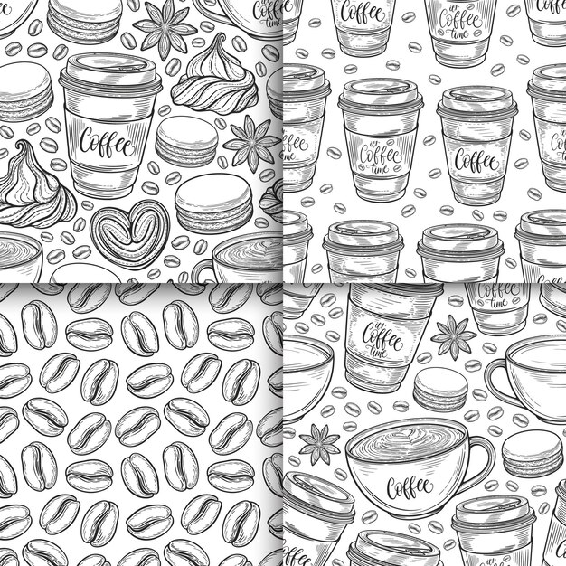 コーヒーカップ豆マグマカロンシームレスパターンセットベクトル背景手描き線で描画