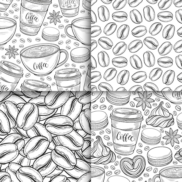 Coffee cups beans mugs macaroons seamless pattern set vector background hand drawn in lines