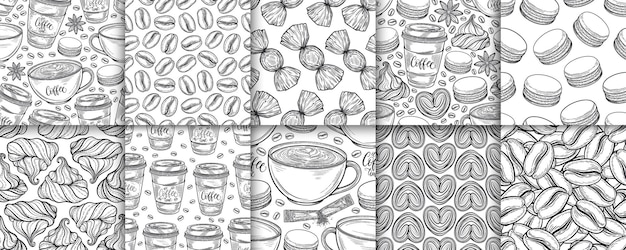 Coffee cups beans mugs macaroons seamless pattern set Vector background hand drawn in lines